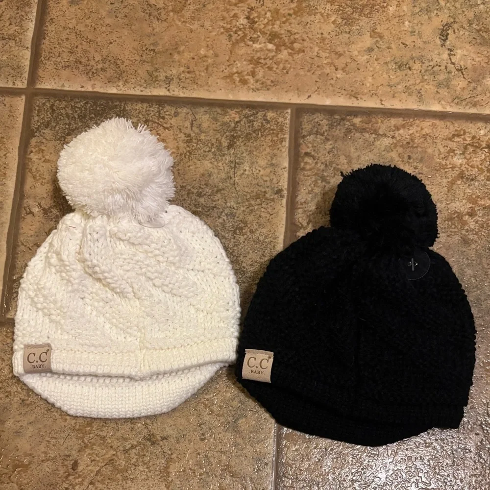 NWT *Bundle of 2* C.C. Baby Diagonal Pattern Baby Brim Hat with Knit Pom.